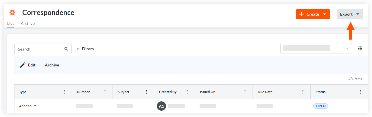 Export all correspondence items in list view.png